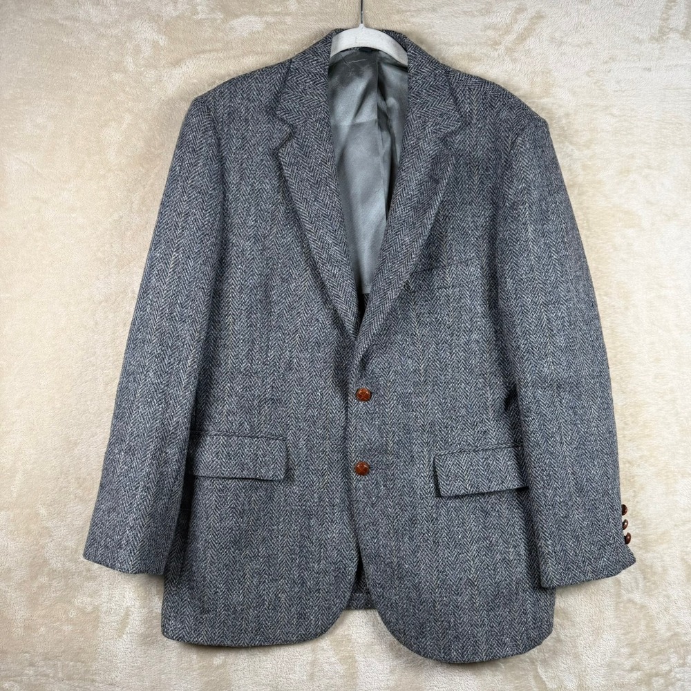 Harris Tweed Mens 42R Grey Herringbone Scottish Wool Blazer Sport Coat USA